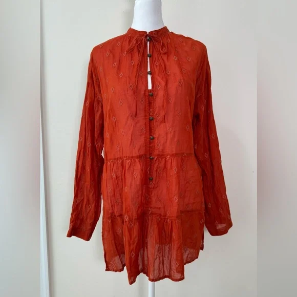 PILCRO Anthropologie Embroidered Tunic Top Rust Orange - Picture 2 of 9